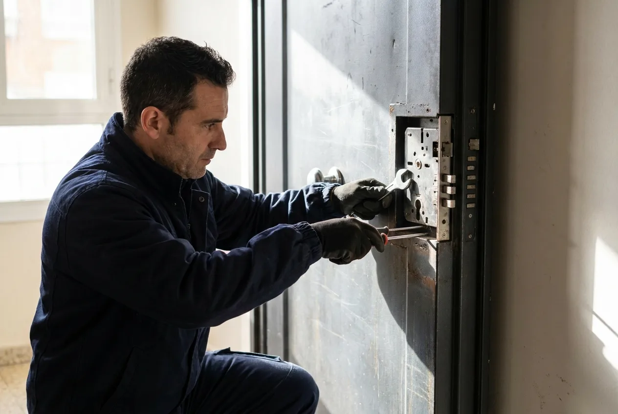 Técnico de Continox reparando una puerta acorazada Fichet en Madrid